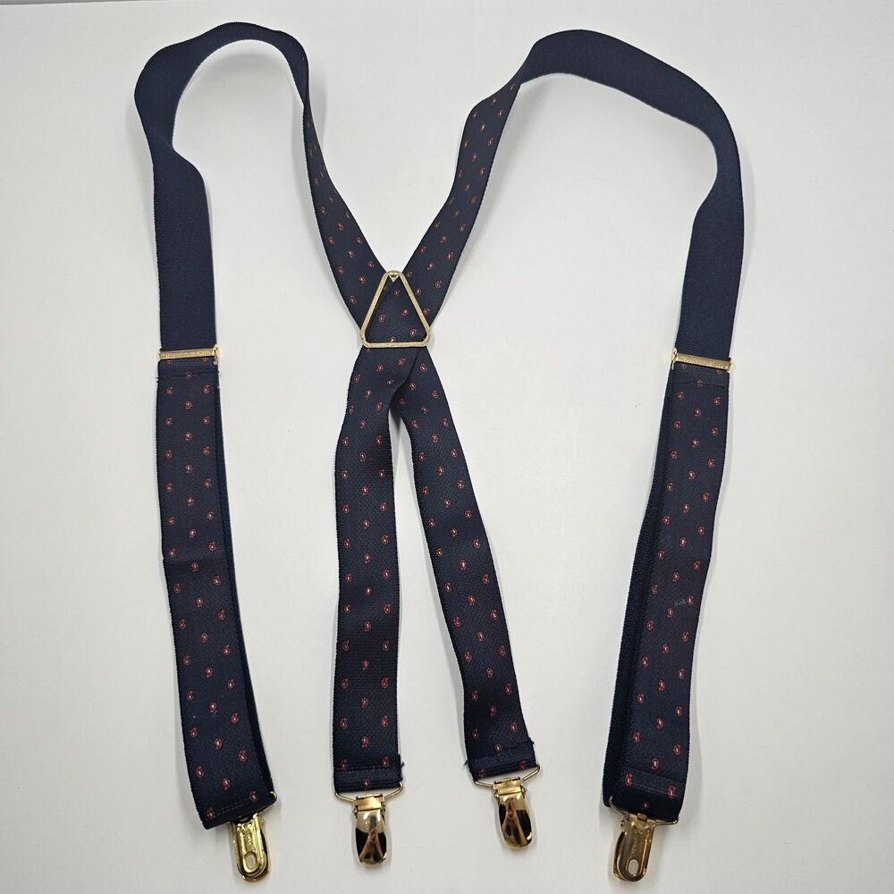 Vintage CAS W. Germany Navy Blue Geometric Suspenders Braces Gold Tone Clips